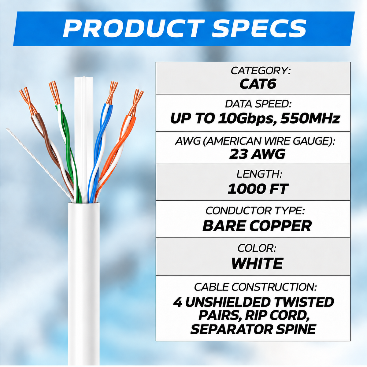 1000FT UTP Copper CAT6 Cable, Bulk wire, PoE, PoE+, PoE++, SatMaximum