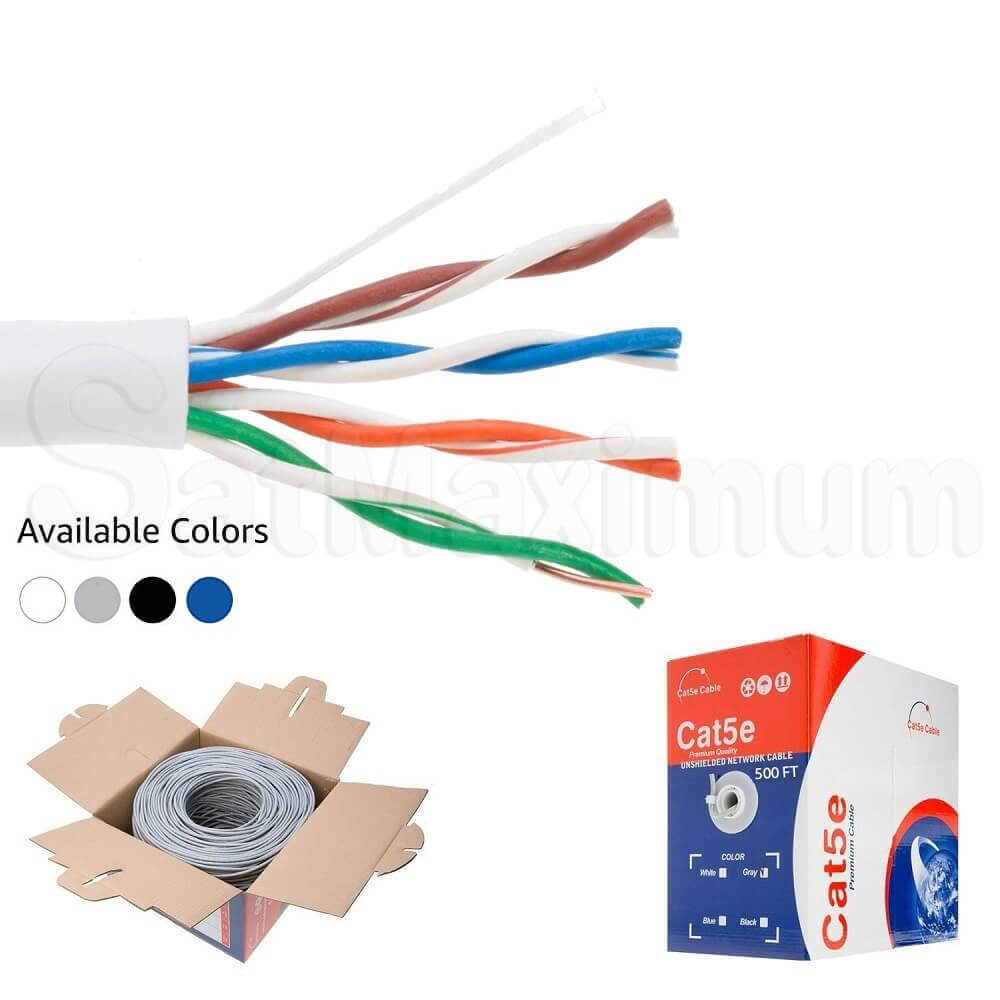 500FT UTP CAT5e Ethernet Bulk Cable, 24 AWG Solid CCA Wire, Pull Box, SatMaximum