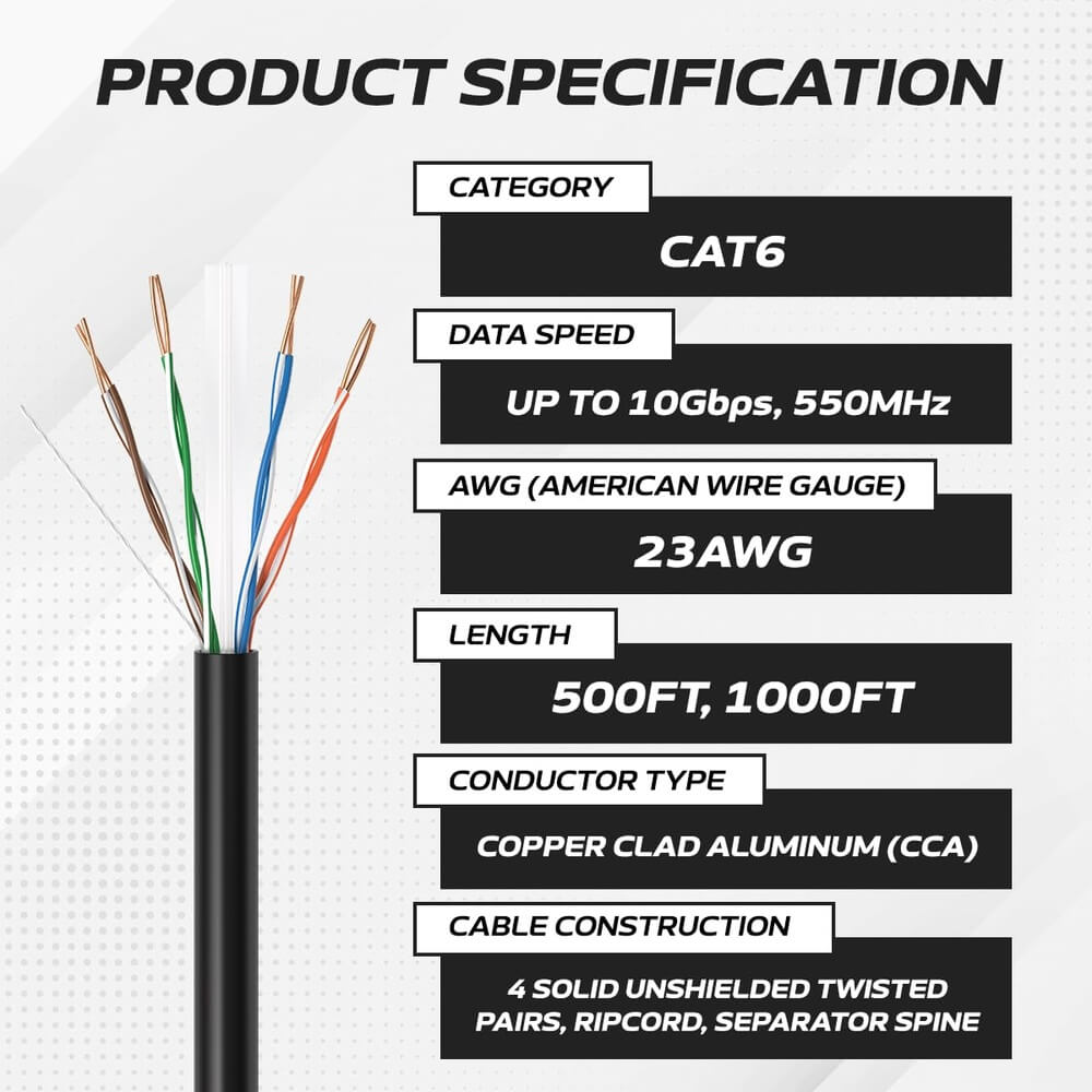 1000 ft Black CAT6A UTP Ethernet cable spec