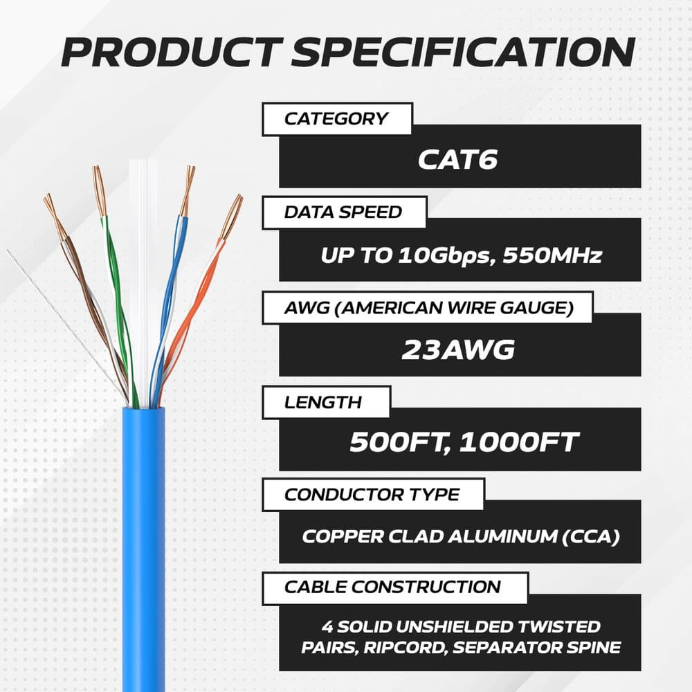   1000 ft Blue CAT6A UTP Ethernet cable spec