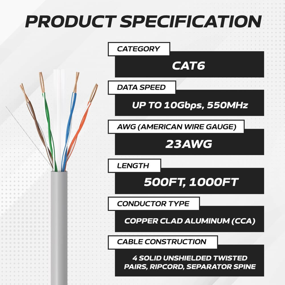   1000 ft Gray CAT6A UTP Ethernet cable spec
