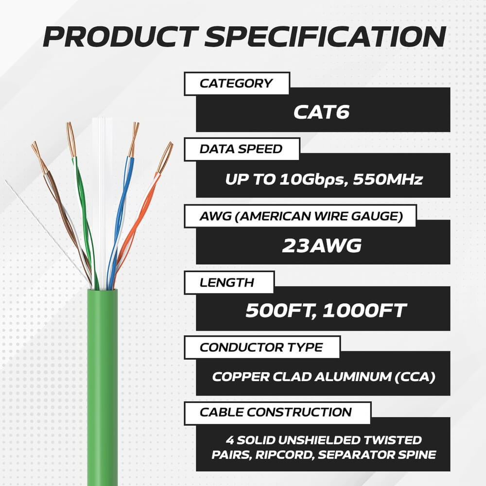   1000 ft Green CAT6A UTP Ethernet cable spec