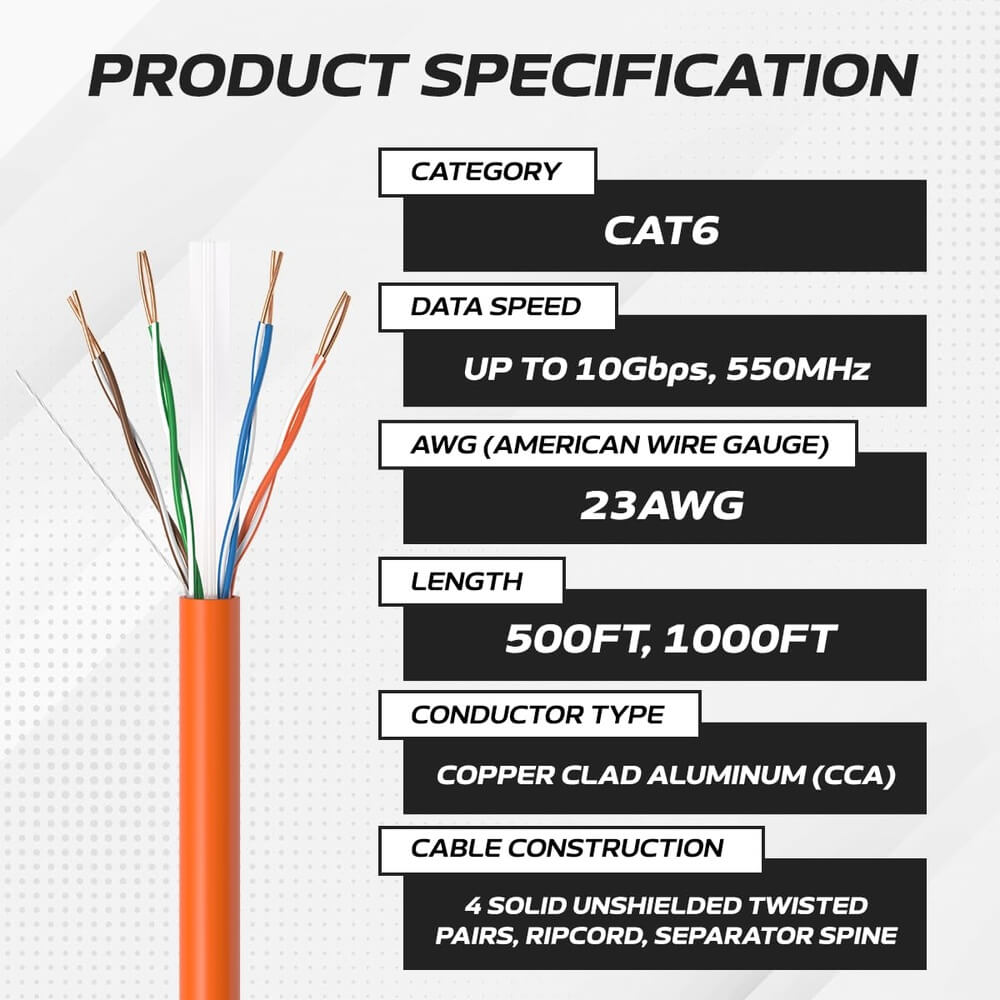  1000 ft Orange CAT6A UTP Ethernet cable spec