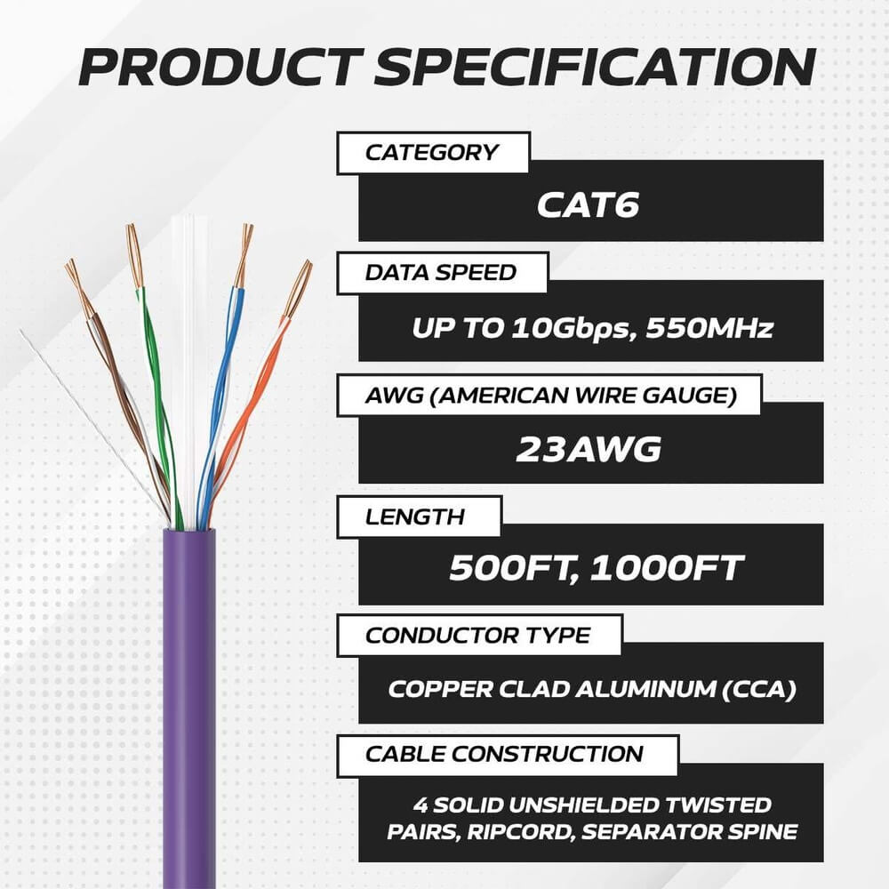   1000 ft Purple CAT6A UTP Ethernet cable spec