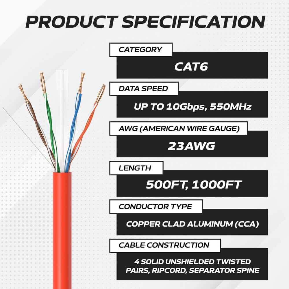   1000 ft Red CAT6A UTP Ethernet cable spec