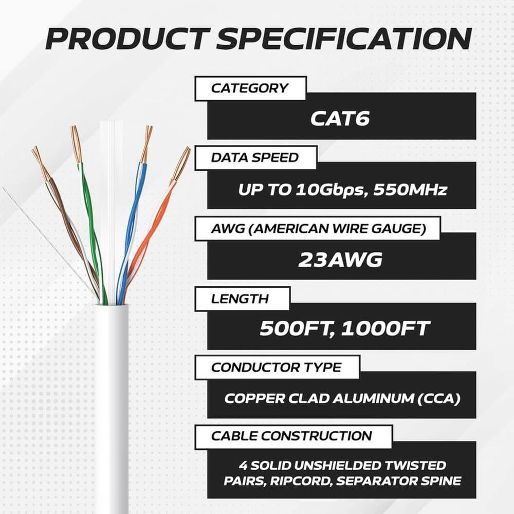   1000 ft White CAT6A UTP Ethernet cable spec