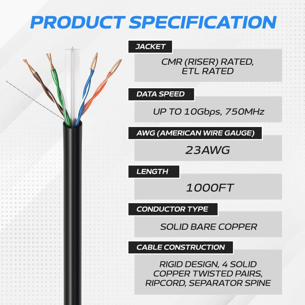 1000 ft CAT6A UTP Bulk Ethernet Cable – 23 AWG Solid Copper, PoE/PoE+/PoE++