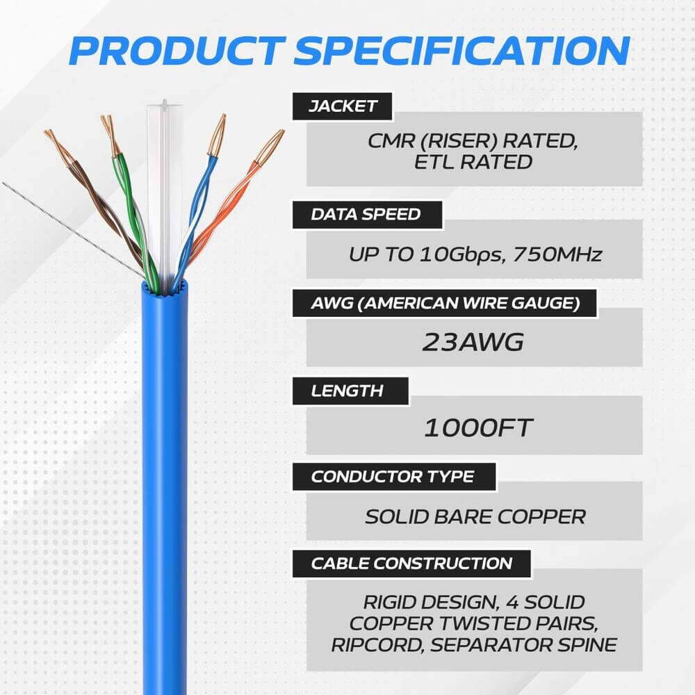 1000 ft CAT6A UTP Bulk Ethernet Cable – 23 AWG Solid Copper, PoE/PoE+/PoE++