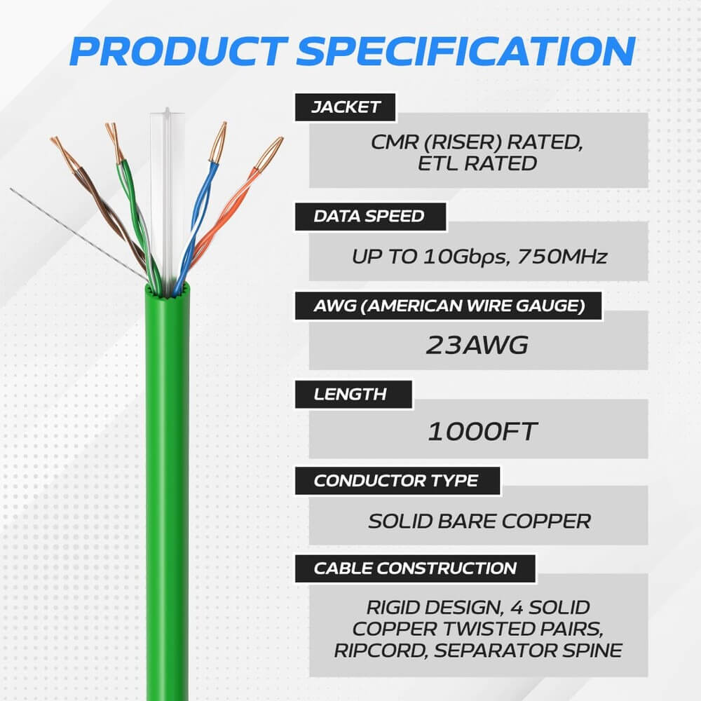 1000 ft CAT6A UTP Bulk Ethernet Cable – 23 AWG Solid Copper, PoE/PoE+/PoE++