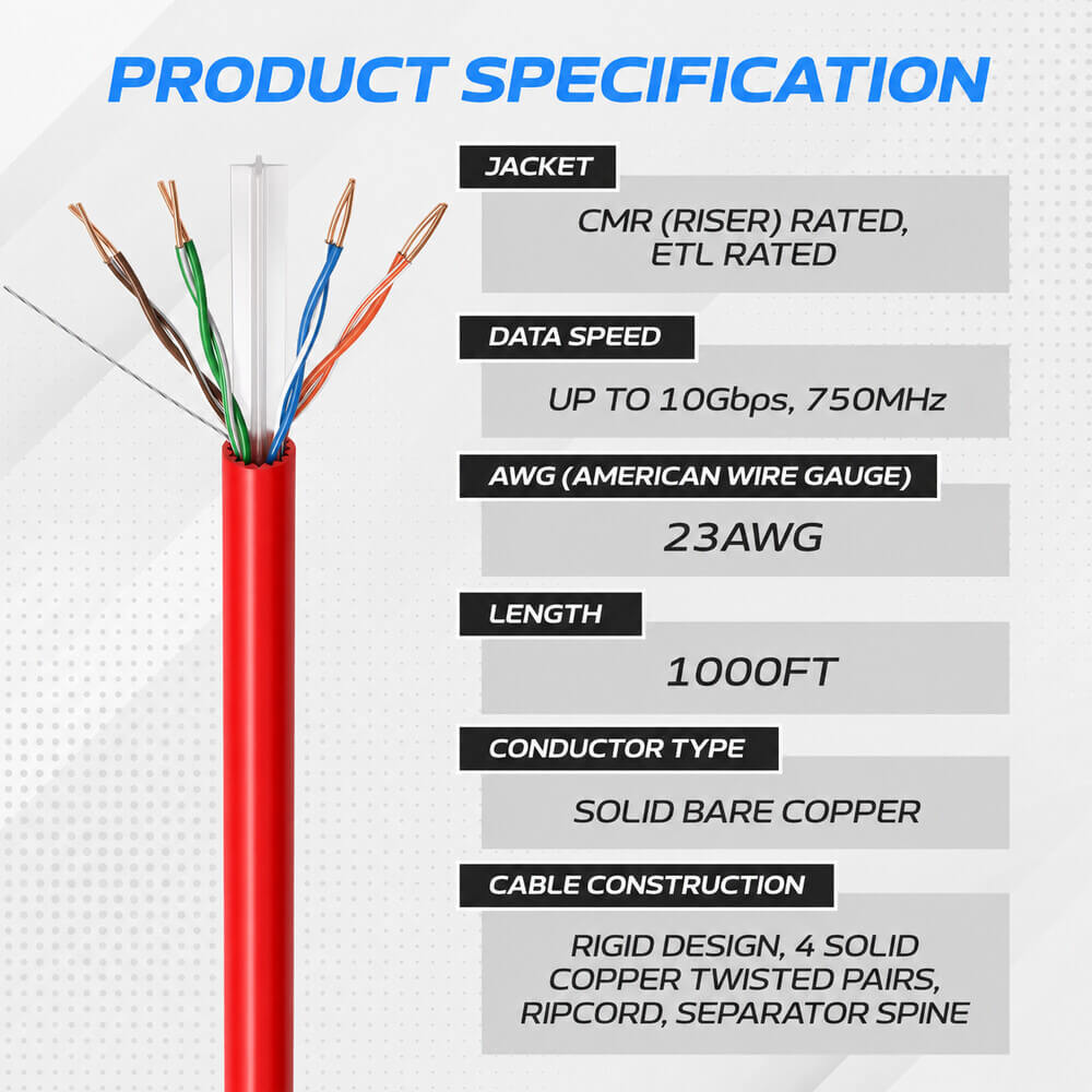 1000 ft CAT6A UTP Bulk Ethernet Cable – 23 AWG Solid Copper, PoE/PoE+/PoE++