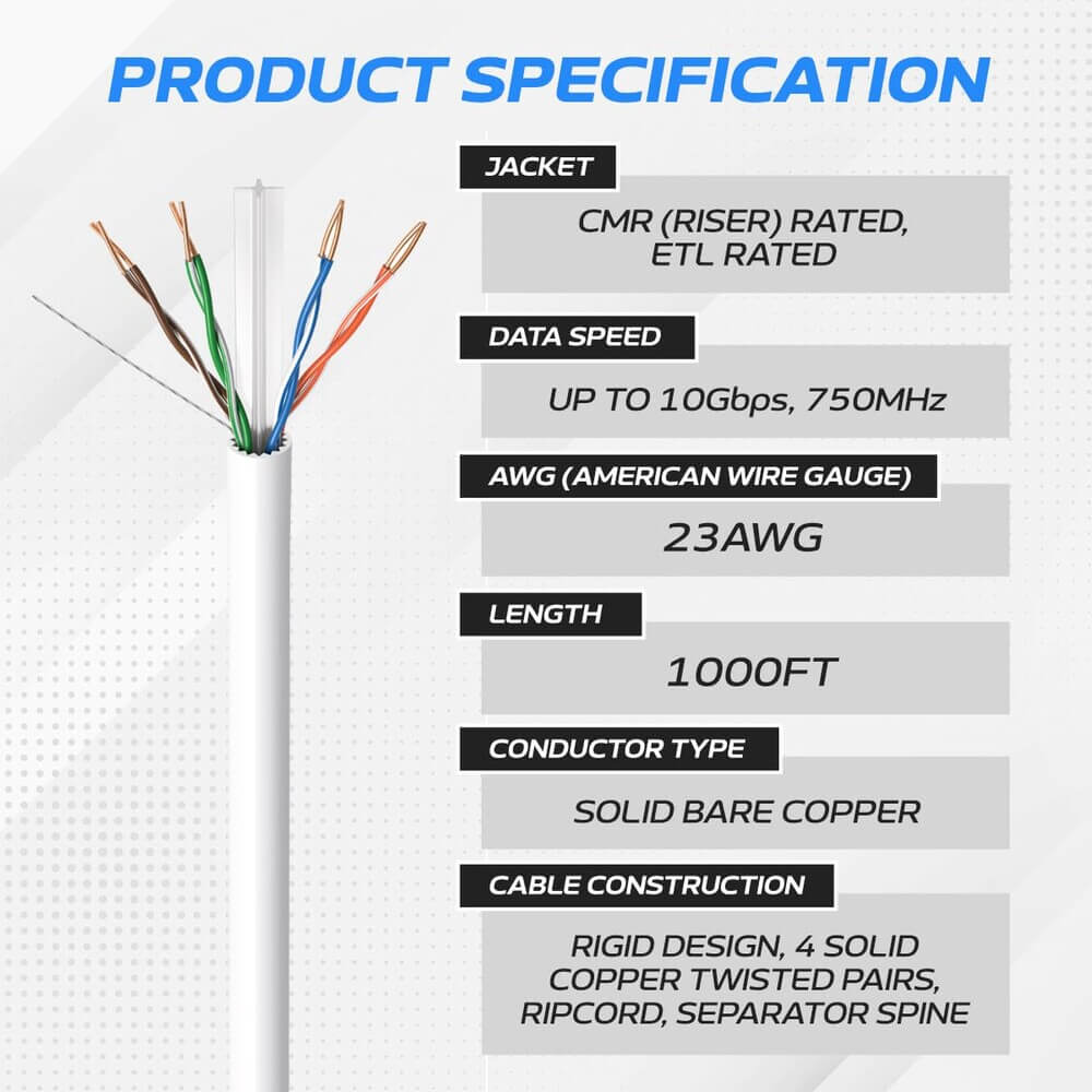 1000 ft CAT6A UTP Bulk Ethernet Cable – 23 AWG Solid Copper, PoE/PoE+/PoE++